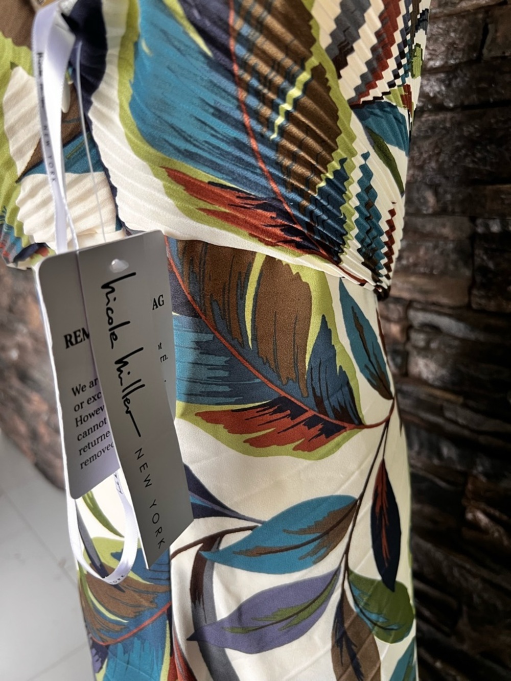 Nicole Miller One-Shoulder Leaf-Print Midi Dress in Green, Blue and Tan - Picture 11 of 16